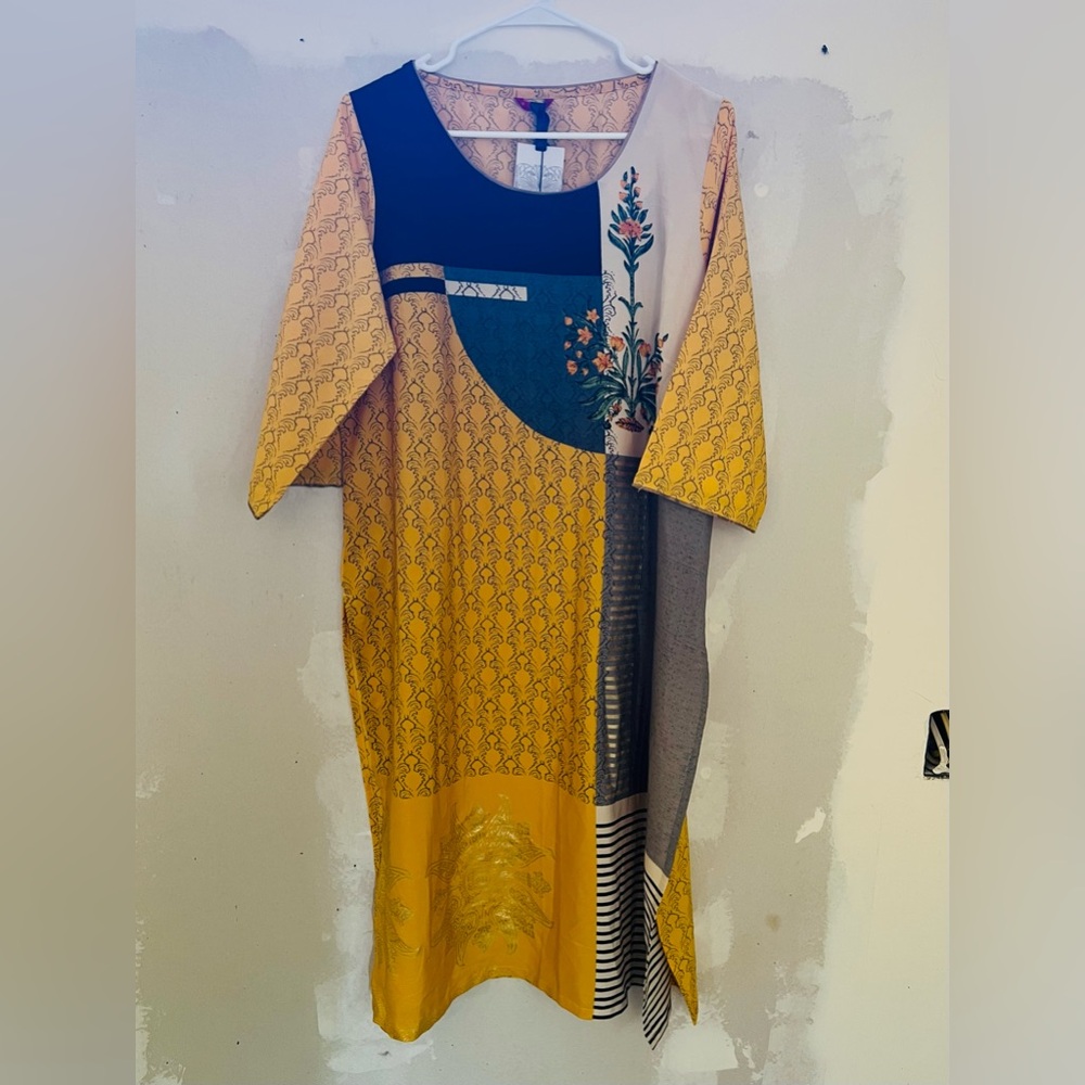 Casual Yellow and Blue A-line Dress with Embellished Raglan Sleeves